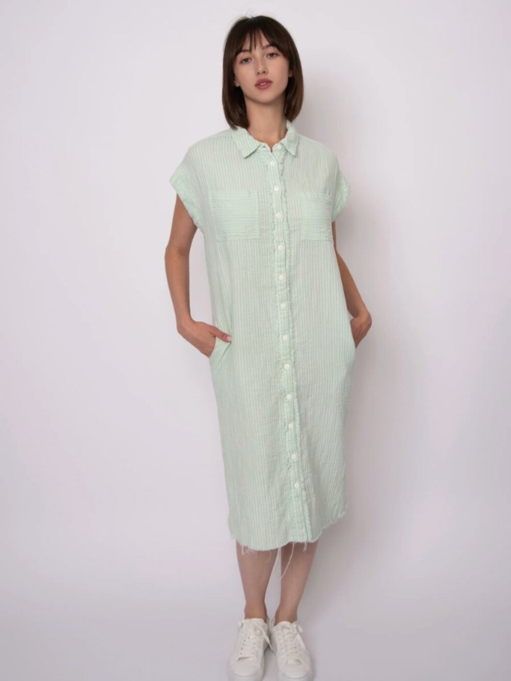 Anthropologie Green Cotton Striped Relaxed Fit Short Sleeve Shirt Midi Dress, L